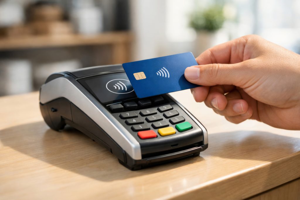 Small business owner using merchant services payment processing system